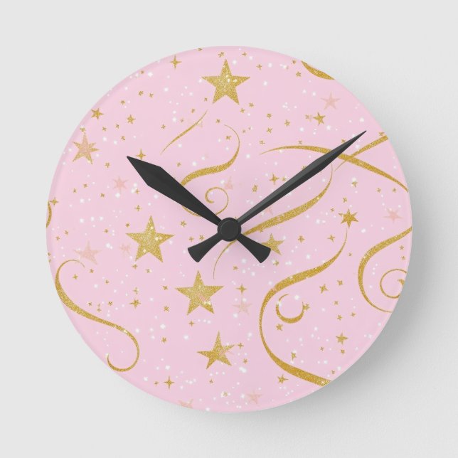 Stellar Time - Pink & Gold Star Digital Clock Runde Wanduhr (Vorderseite)