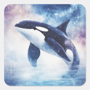 Stellarer Orca gleitet durch den nächtlichen Himme Quadratischer Aufkleber