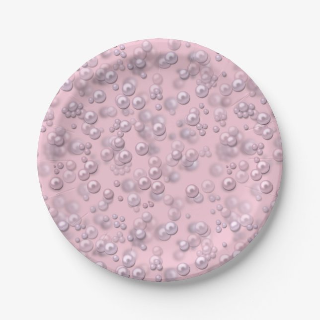 Stellen der weißen rosa Perlen auf rosa Samt Pappteller (Vorderseite)