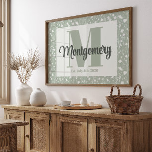 Stellen Sie den Namen Print Sage Green White Flora Poster