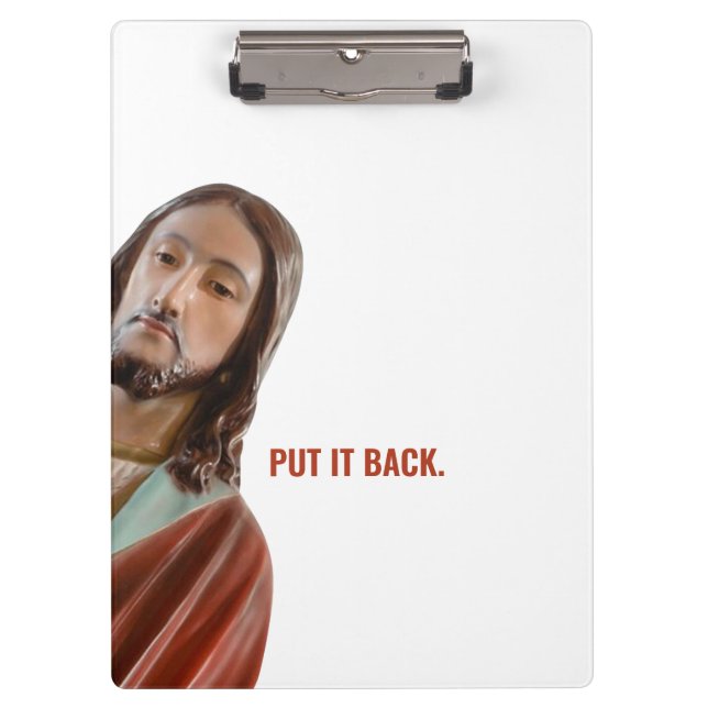 Stellen Sie den strahlenden Jesus auf weißem Hinte Klemmbrett (Vorderseite)