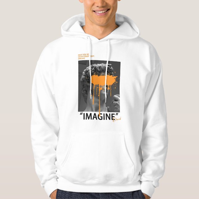STELLEN SIE SICH David Sculpture mit orangefarbene Hoodie (Vorderseite)