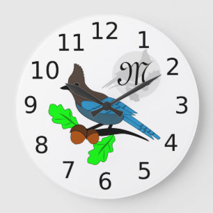 Steller Blue Jay Monogram Große Wanduhr