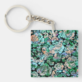 Stencil Floral in Green und Peach Schlüsselanhänger