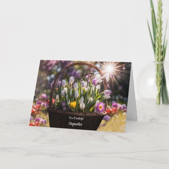 Step Mother Happy Mütter Day with Basket of Tulip Karte (Vorderseite)