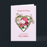 Step Sister Birthday Antique Painted Rose Karte<br><div class="desc">Eine romantische Geburtstagskarte. Ein Gemälde von Rose wird von einem vergoldeten goldenen Herz gerahmt. Geben Sie Ihrer Stiefschwester einen Geburtstag mit einem hübschen Gemälde aus einem Strauß Rose.</div>