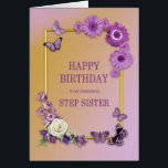 Step Sister Birthday Blume und Schmetterlinge<br><div class="desc">Eine schöne BlumenGeburtstagskarte für eine Stufenschwester. Blume und Schmetterlinge auf goldenem Rahmen. Ein lila Thema verleiht ein entspanntes,  aber luxuriöses Ambiente. Eine wunderbare Karte,  die man jemandem geben kann,  den man zum Geburtstag pflegt.</div>