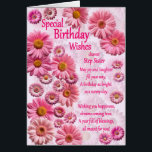Step Sister Special Birthday wünscht Pink Daisies<br><div class="desc">Eine schöne Geburtstagskarte für eine Stiefschwester. Eine wunderbare Geburtstagskarte voller rosa Gänseblümchen. Ein wunderschönes,  herzliches Vers ergänzt das schöne Gefühl,  das diese Karte mit sich bringt.</div>