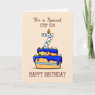 Step Son 7th Birthday, 7 on Sweet Blue Cake Karte