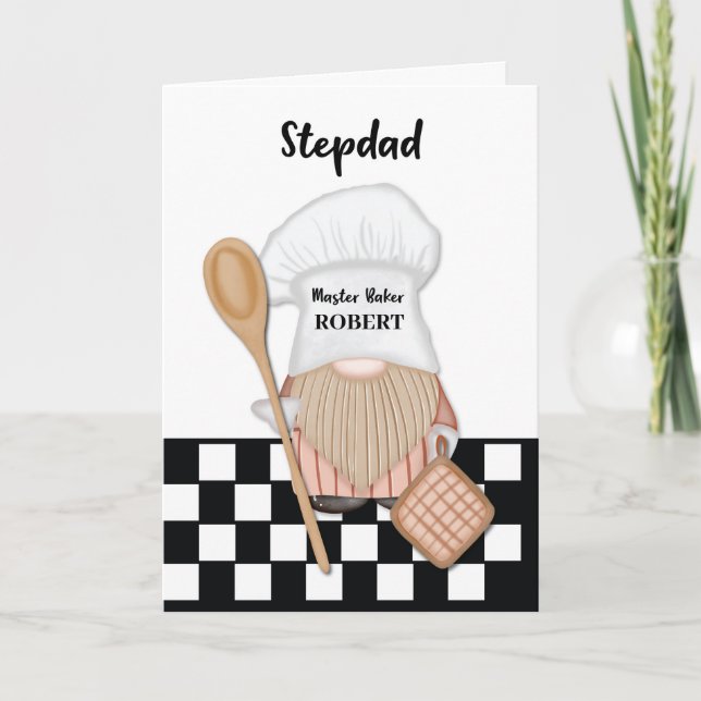 Stepdad Birthday Whimsical Gnome Baker Backen Karte (Vorderseite)