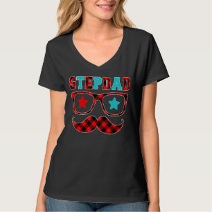 Stepdad Red Kariert Glasses Mustache Happy Father T-Shirt