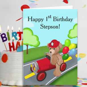 Stepson Happy 1. Geburtstag Teddy Bear Fireruck Karte