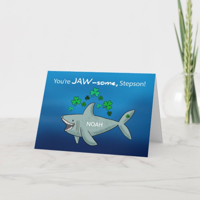 Stepson St Patricks Day Shark mit Kleeblättern Karte (Vorderseite)