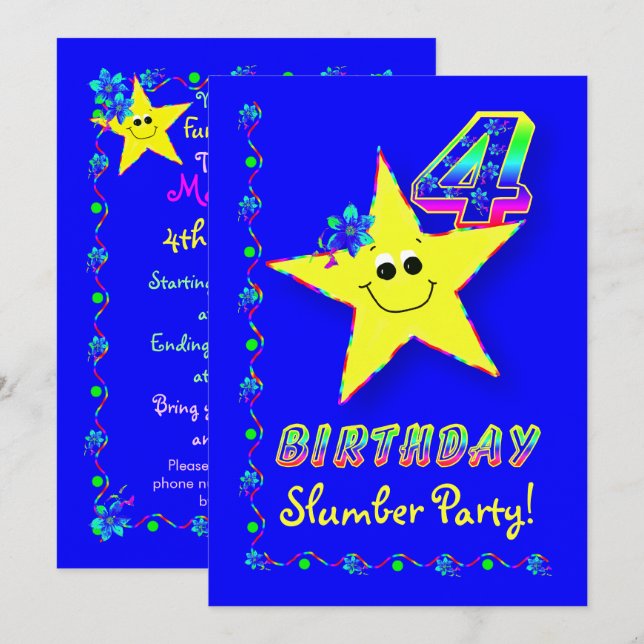 Stern 4. Geburtstag Slumber Party Einladung (Vorne/Hinten)