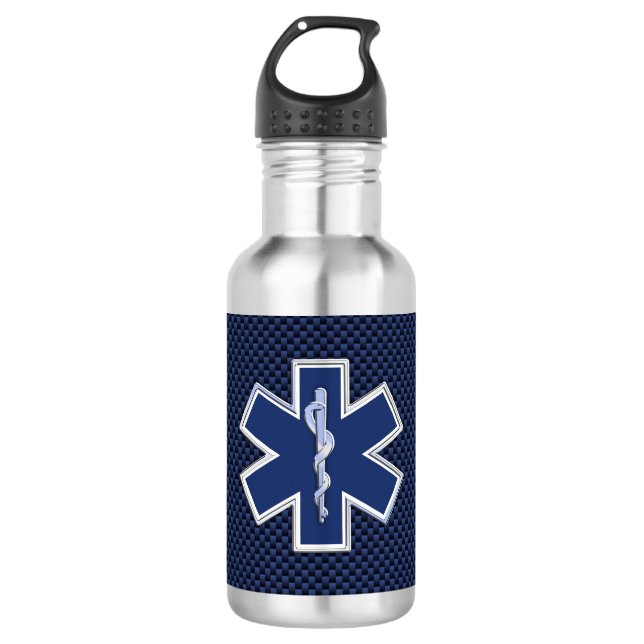 Stern des Leben-Sanitäters EMS auf blauer Edelstahlflasche (Vorderseite)
