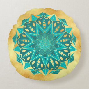 Stern Mandala Blau Gold auf weichem goldfarbenem H Rundes Kissen