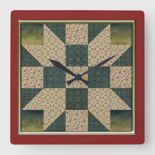 Stern-Patch-Quiltblock Gold & Grün ohne Zahlen Quadratische Wanduhr