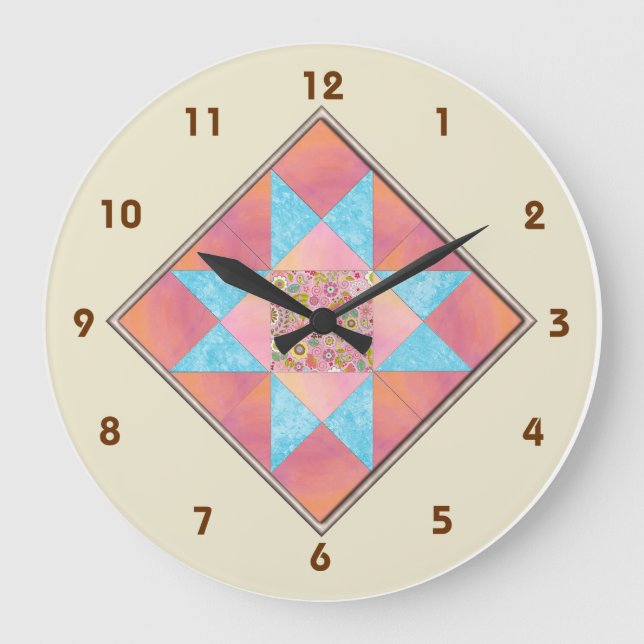 Stern-Patch-Sonnenuntergang- und Wasser-Quiltblock Große Wanduhr (Vorderseite)