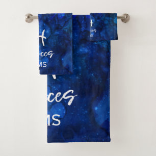 Sternbild Fische Zodiac blaues Galaxie-Monogramm Badhandtuch Set