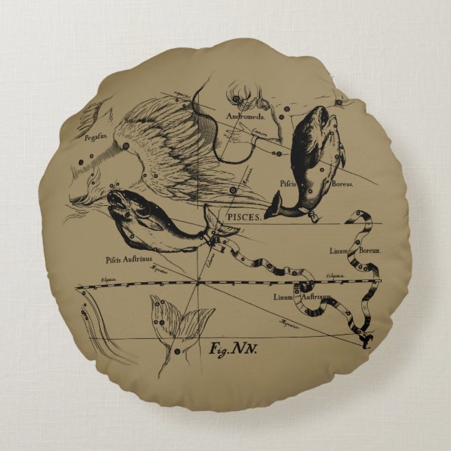 Sternbild Hevelius 1690 auf Taupe Rundes Kissen (Rückseite)