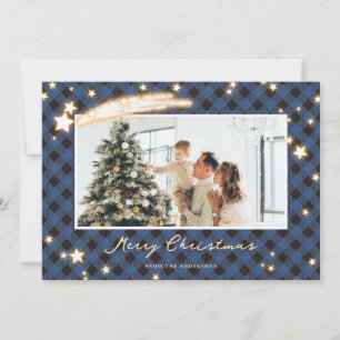 Sternblaue Büffelkariert-Foto-Weihnachtskarten Feiertagskarte