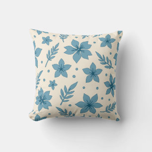 Sternblumen und Blätter Blau Creme Kissen