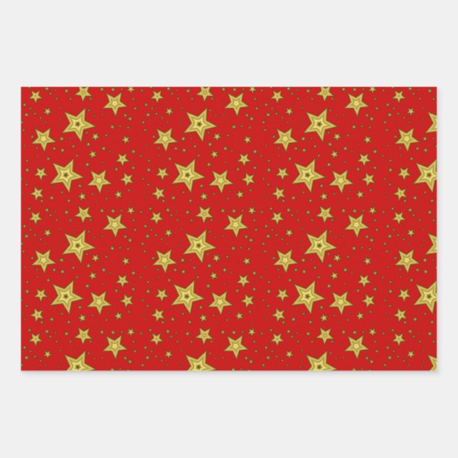 Sterne auf rotem Untergrund Geschenkpapier Set (Vorderseite)