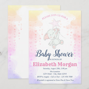Sterne, Baby Mädchen Elefant Babyparty Einladung