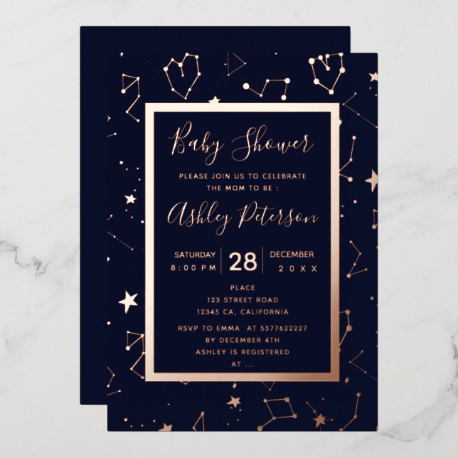 Sterne der Herzkonstellation und blaue Babydusche Folieneinladung (Vorderseite/Rückseite)