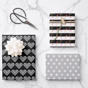 Sterne & Herzen auf Schwarz-Weiß Geschenkpapier Set