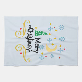 Sterne, Mond, Schneeflocken und frohe Weihnachten, Geschirrtuch