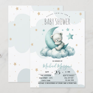 Sterne Mond Wolken Grün Teddybär Babyparty Einladung