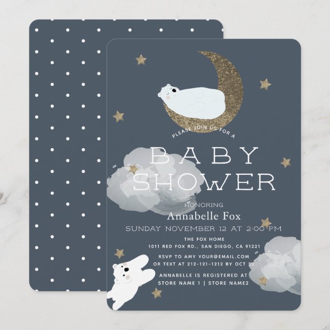 Sterne & Moon Polar Bears Navy Baby Dusche Einladung (Vorne/Hinten)