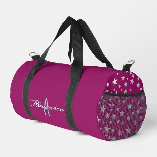 Sterne Muster Magenta Pink Cool Trendy Mit Monogra Duffle Bag (Rechte Ecke)