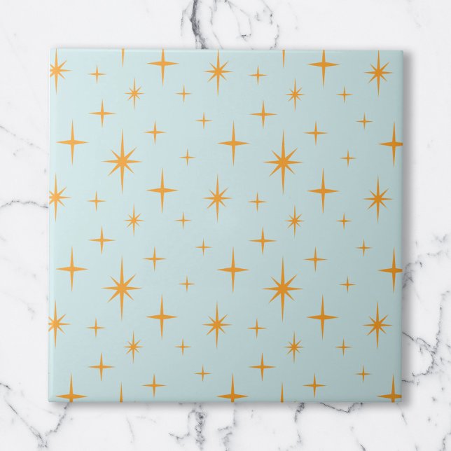 Sterne Muster Mitte Jahrhundert Modernes Orange Aq Fliese (Stars Pattern Mid Century Modern Orange Aqua Ceramic Tile)