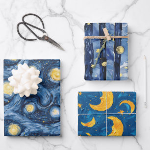 Sterne Night Skies Moons Stripes Geschenkpapier Set
