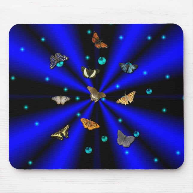 Sterne, Perlen und Schmetterlinge auf schwarz und  Mousepad (Vorne)