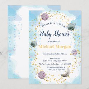 Sterne Planeten Blau Baby Shower  Einladung