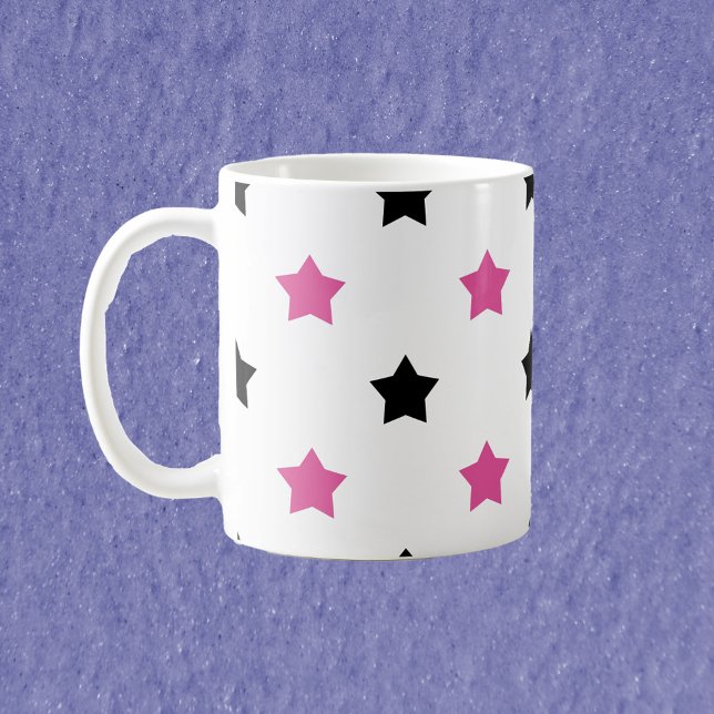 Sterne Rosa und Schwarz Muster Weiße Hintergrund Kaffeetasse (A mug with a pattern of pink and black stars on a white background)