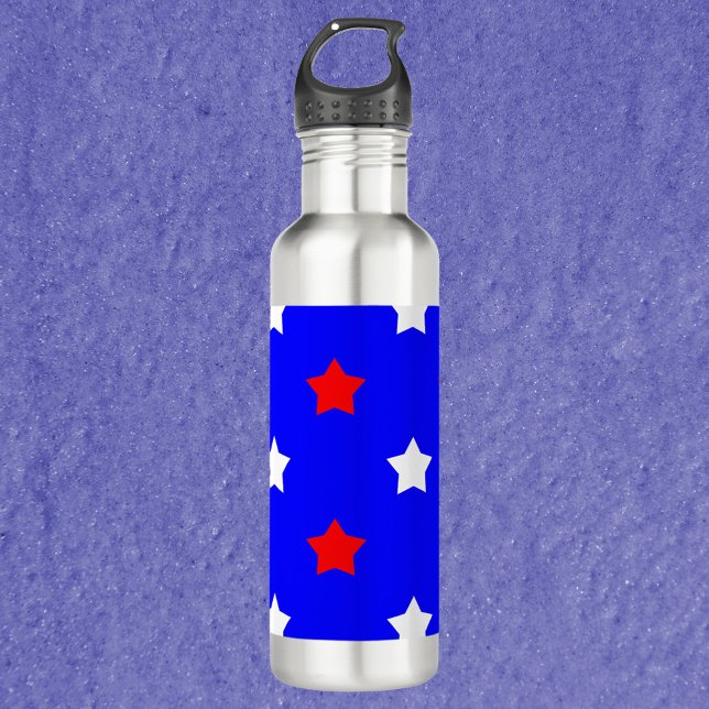 Sterne Rotes weißes Muster Blau Hintergrund Edelstahlflasche (A water bottle with a pattern of red and white stars on a blue background)