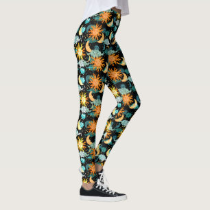 Sterne Sonne Mond Himmelsmuster Schwarz Leggings