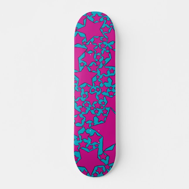 Sterne, Sterne, Sterne in Türkis und Hot Pink Skateboard (Vorne)