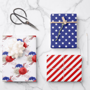 Sterne Streifen Floral Rot Weiß Blau am vierten Ju Geschenkpapier Set