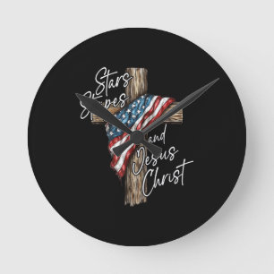 Sterne Streifen und Jesus Christus Glaube Patriot Runde Wanduhr