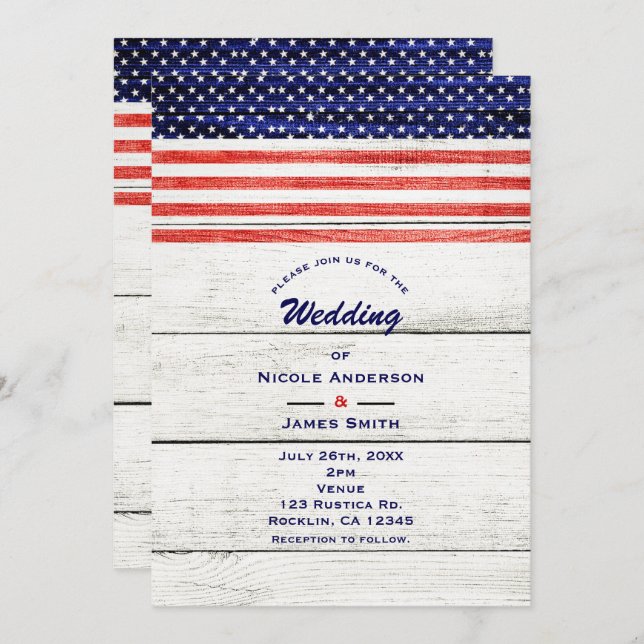 Sterne & Streifen Weißes rustikales Holz Patriotis Einladung (Vorne/Hinten)