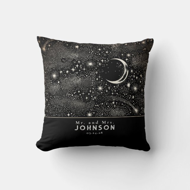 Sterne und Mond Starry Night Celestial Black Kissen (Vorderseite)