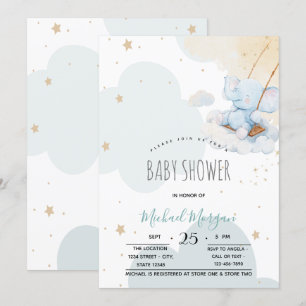 Sterne Wolken Blau Teddybär Babyparty Einladung