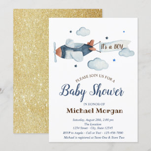 Sterne, Wolken, Flugzeug Gold Glitzer Babyparty Einladung