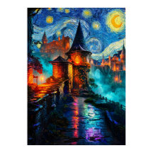 Sternen Nacht Fantasy Schloss Magische Ölgemälde