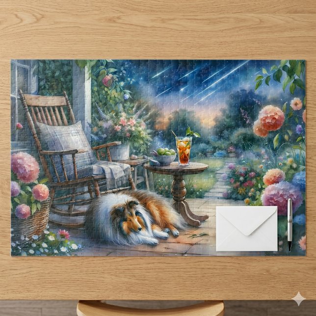 Sternenbalkon mit Gartenhäuschen Sheltie Traum Puzzle (Starlit Garden Porch Sheltie Dream Jigsaw Puzzle)
